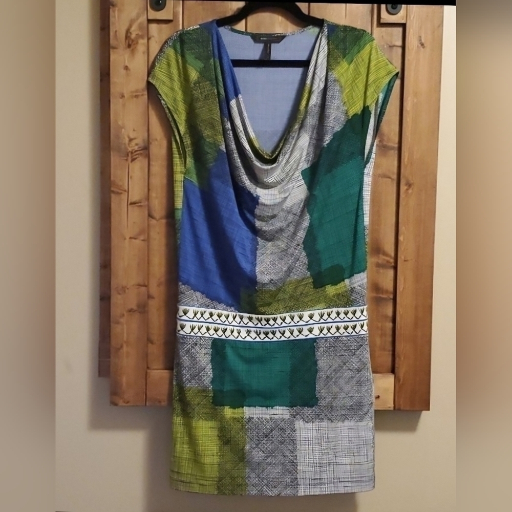 BCBGMaxAzria Abstract Multicolor Cowel Neck Mini Dress Size Small